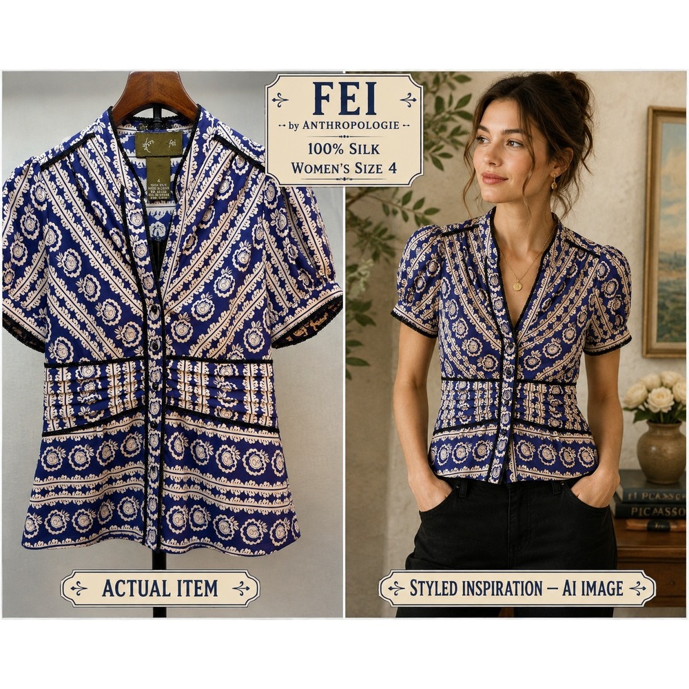Vintage Anthropoligie Fei 100% Silk Blouse Blue White Puff Sleeve Lace Trim (4)